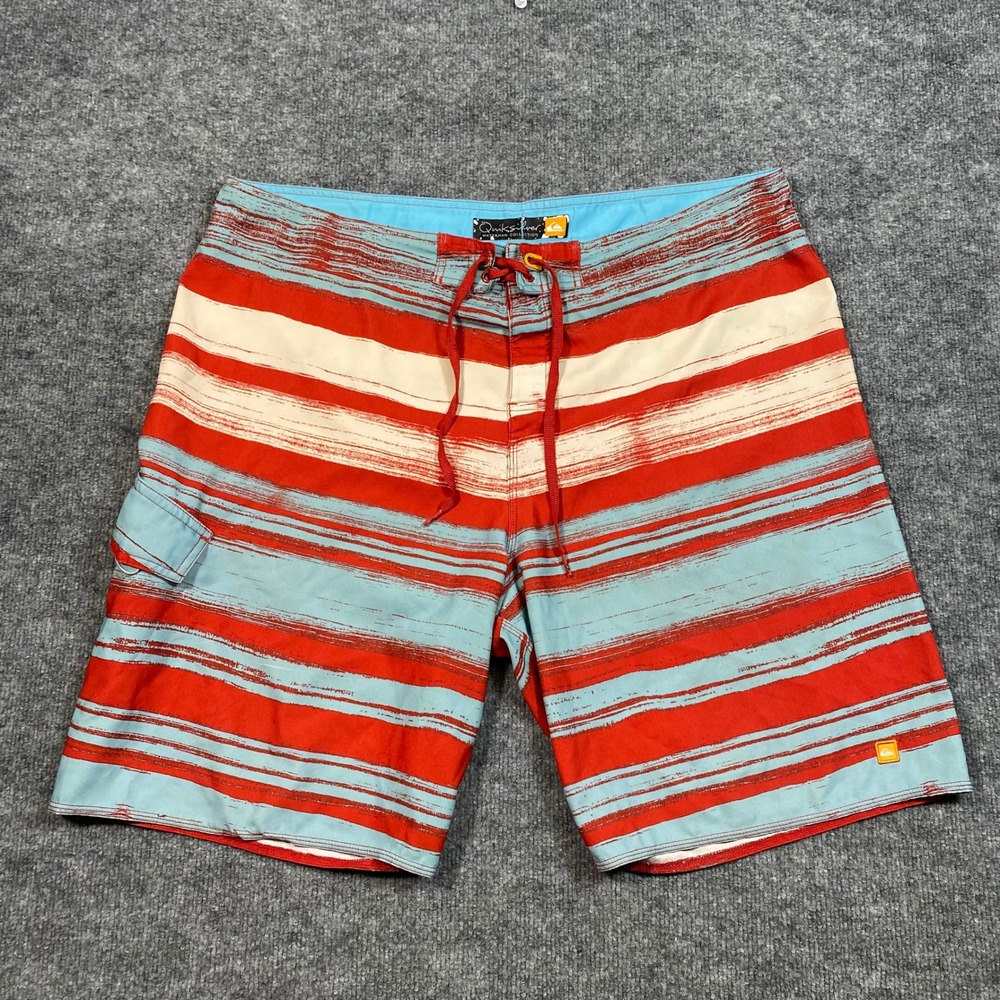 Quiksilver Waterman Collection Mens Red Blue Striped Board Shorts Size 40